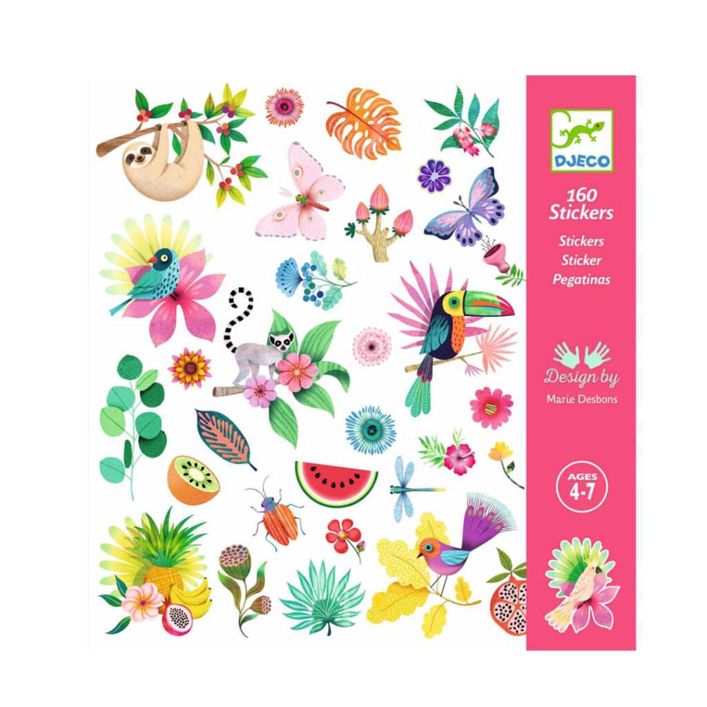 Djeco-Sticker-Set-160-Aufkleber-Paradies-Tropische-Fruechte-und-Tiere