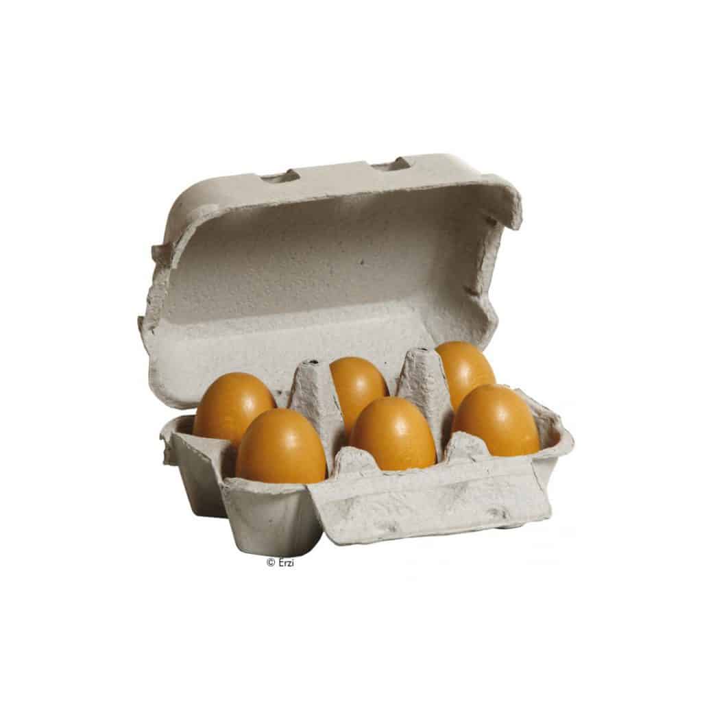 6 braune Holz-Eier im Karton