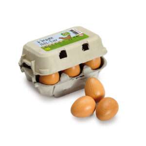 Erzi-Kaufladen-Kinderkueche-6-braune-Holz-Eier-im-Eierkarton