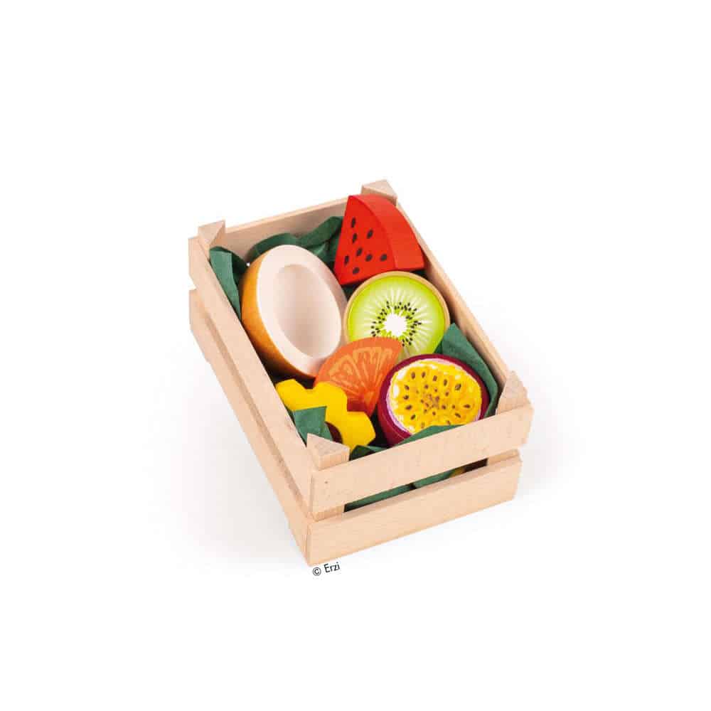 Kaufladenartikel Stiege mit tropischen Früchten aus Holz