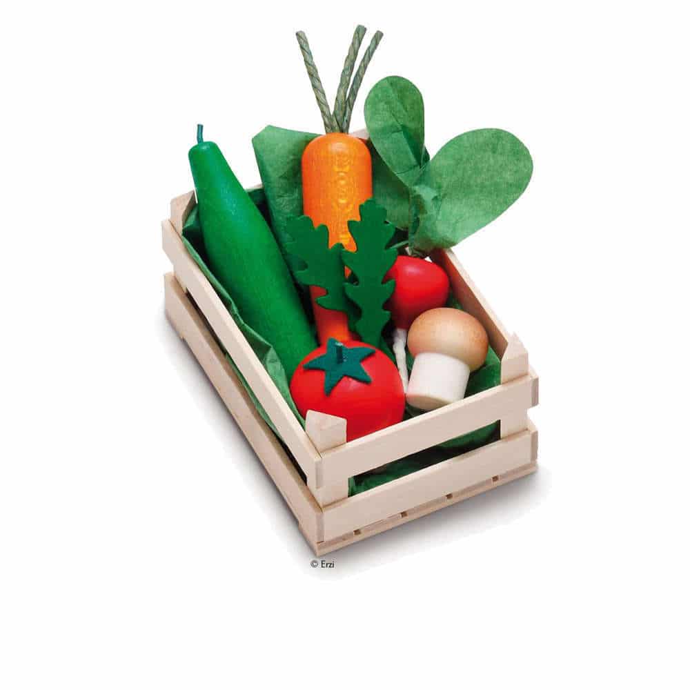 Kaufladenartikel Stiege mit Gemüse aus Holz