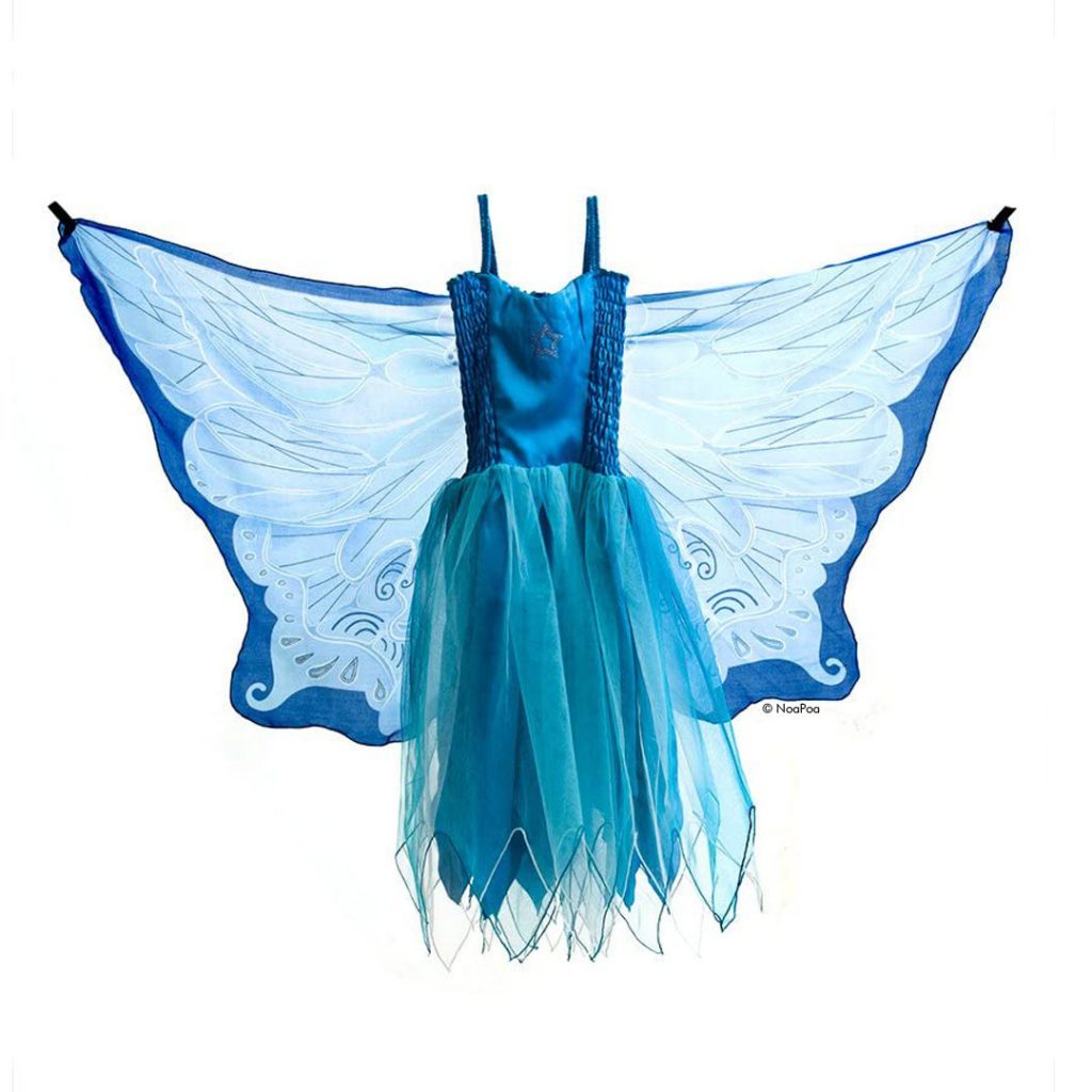 Kostüm blaues Feenkleid mit Flügeln und Glitzer