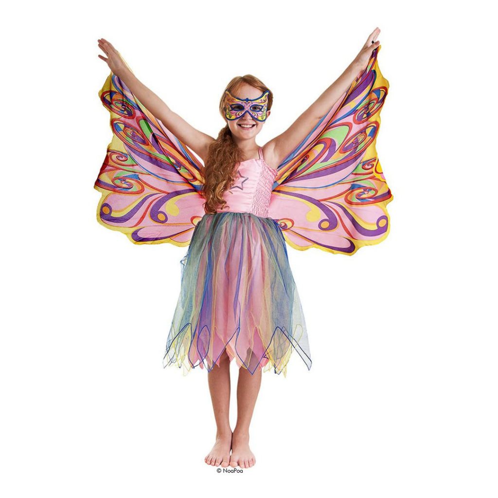 Kostüm buntes Feenkleid mit Flügeln und Glitzer
