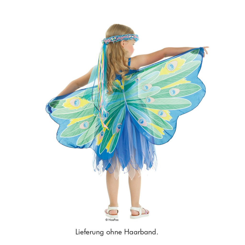 Kostüm blaues Feenkleid Pfauen-Prinzessin mit Flügeln