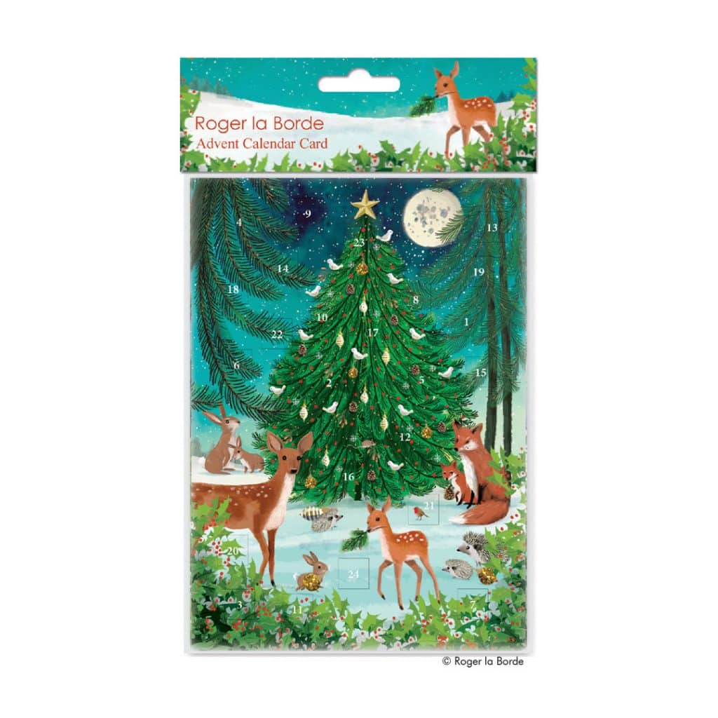 Adventskalender-Weihnachtskarte Tiere am Winterbaum