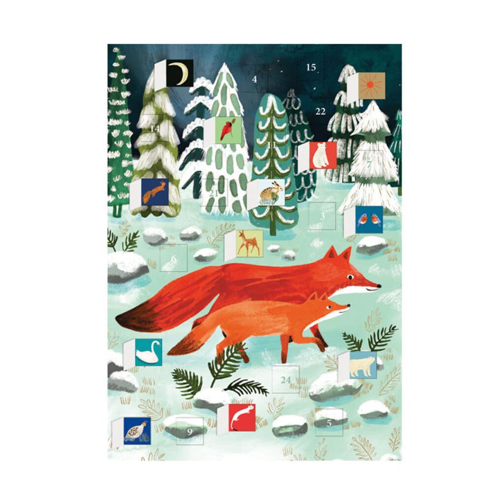 Roger-la-Borde-Adventskalender-Weihnachtskarte-mit-Glitzer-Fuechse-im-Wald-ACC100-01