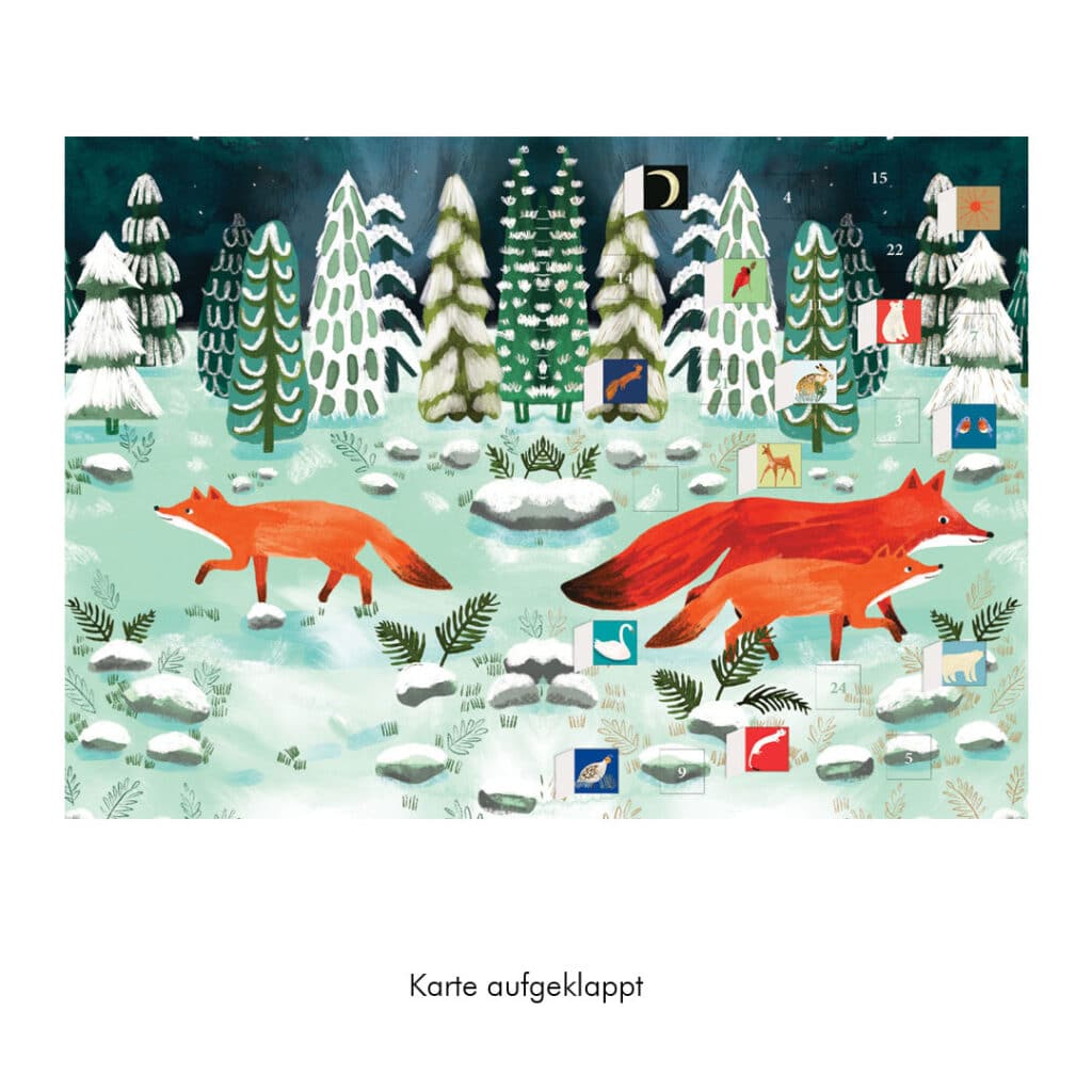 Roger-la-Borde-Adventskalender-Weihnachtskarte-mit-Glitzer-Fuechse-im-Wald-ACC100-02