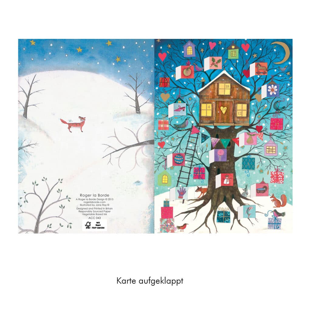Roger-la-Borde-Adventskalender-Weihnachtskarte-mit-Glitzer-Weihnachts-Baumhaus-Blau-ACC084-02