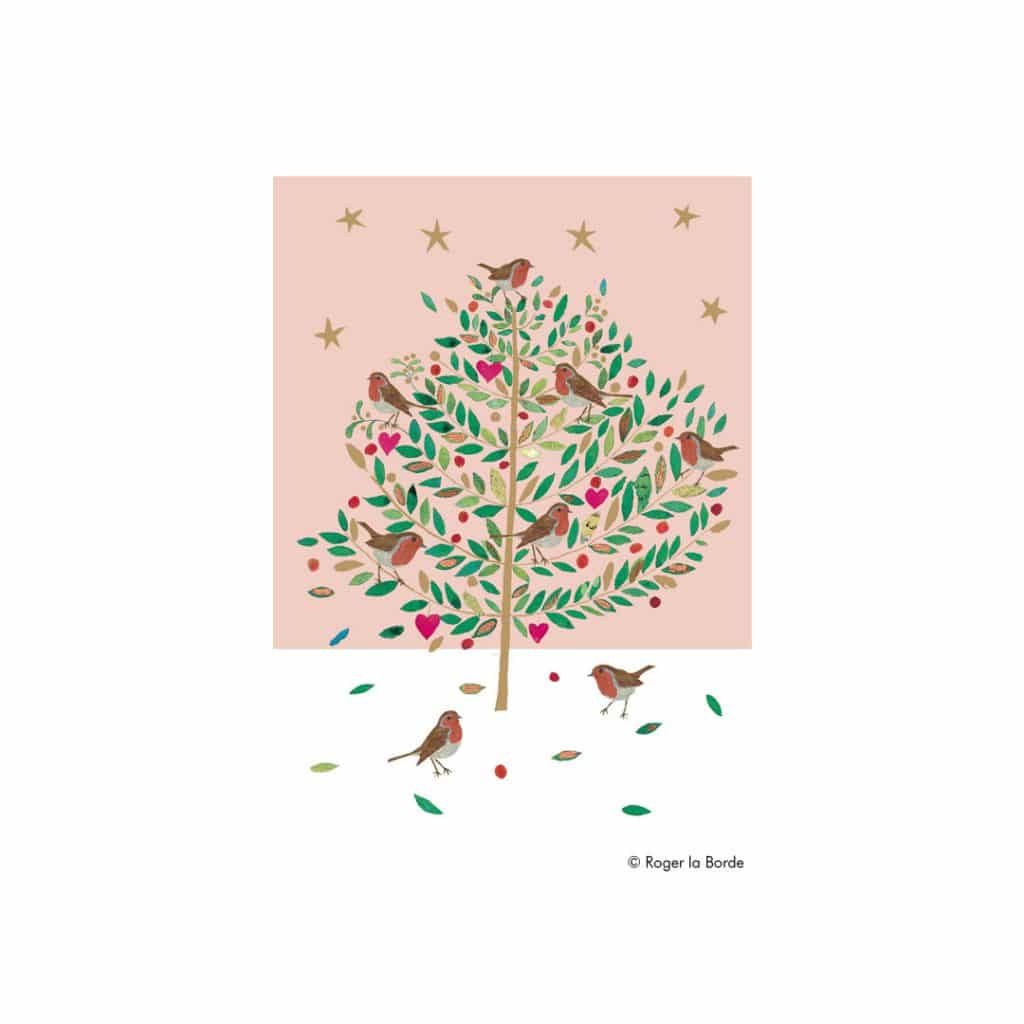Weihnachtskarte Vogel-Baum mit Rotkehlchen