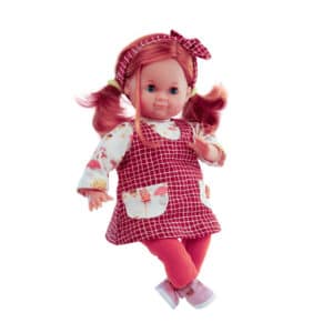 Schildkroet-Puppe-Schlummerle-mit-blauen-Schlafaugen-Made-in-Germany-mit-roten-Haaren-und-Karo-Kleid-mit-Waldmotiven