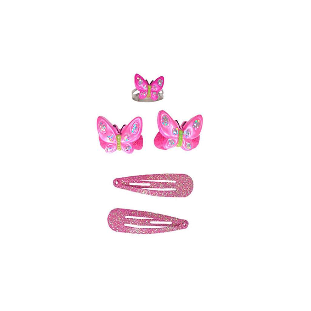 Great-Pretenders-Kinderschmuck-Set-Haargummis-Haarspangen-Ring-Schmetterlinge-pink