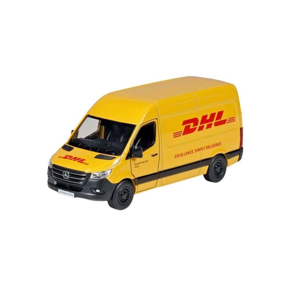 Goki-Spielzeugauto-DHL-Fahrzeug-Mercedes-Sprinter-aus-Spritzguss-mit-Rueckzugsmotor