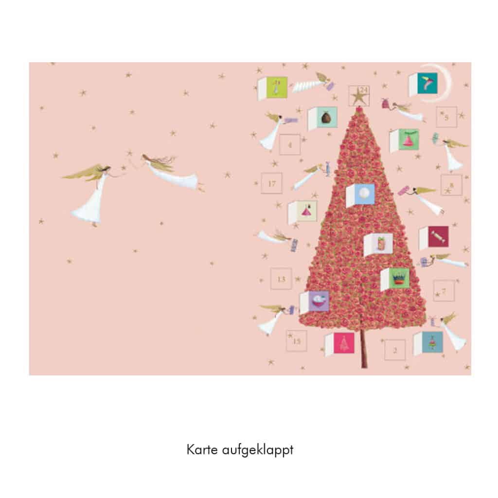 Roger-la-Borde-Adventskalender-Weihnachtskarte-mit-Glitzer-Rosenbaum-mit-Engeln-ACC096-02