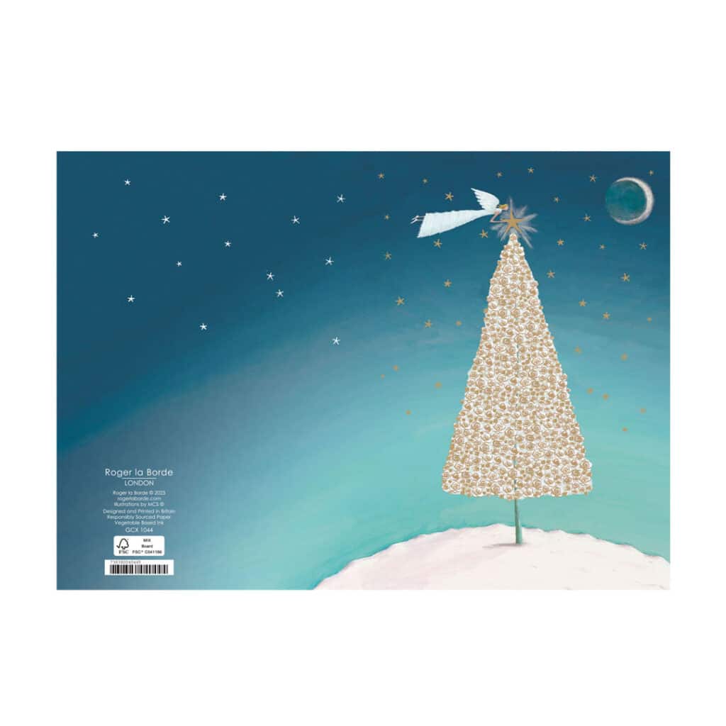 Roger-la-Borde-Weihnachtskarte-Doppelklappkarte-Rosenbaum-mit-Engel-GCX1044