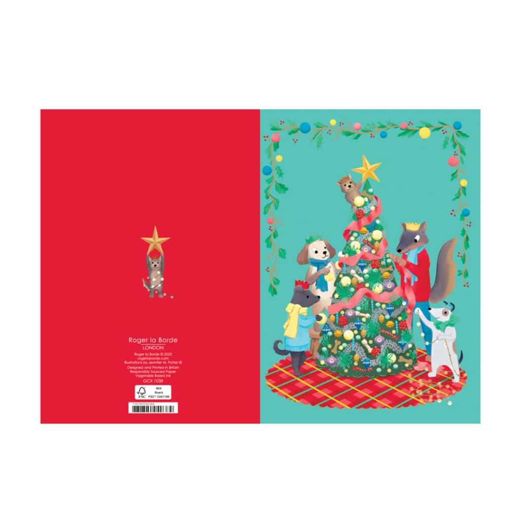 Roger-la-Borde-Weihnachtskarte-Doppelklappkarte-Weihnachtsbaum-mit-Hunden-GCX1038
