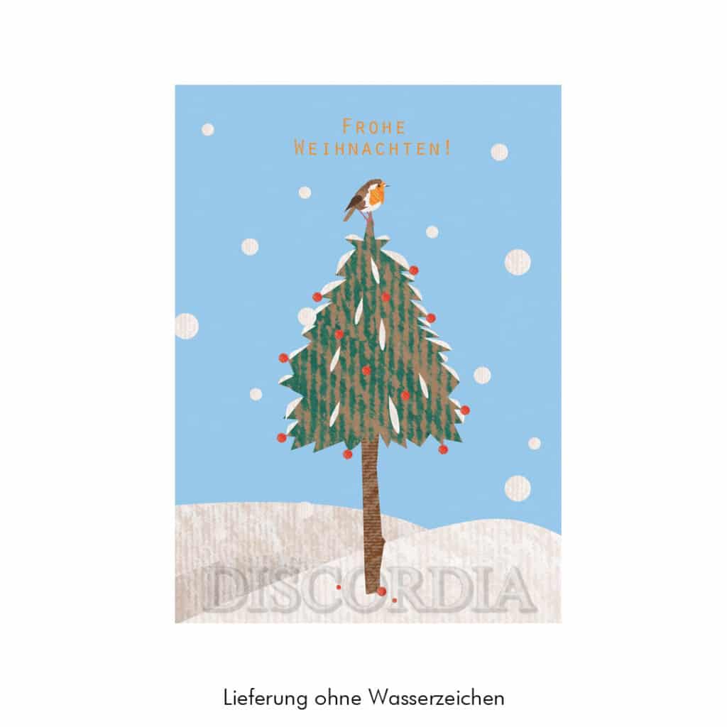 Postkarte-Grusskarte-Weihnachtskarte-aus-Holzschliffpappe-mit-Umschlag-Tannenbaum-mit-Vogel