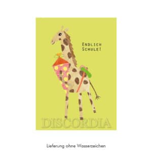 Grusskarte-Glueckwunschkarte-zur-Einschulung-aus-Holzschliffpappe-Giraffe-mit-Schultuete